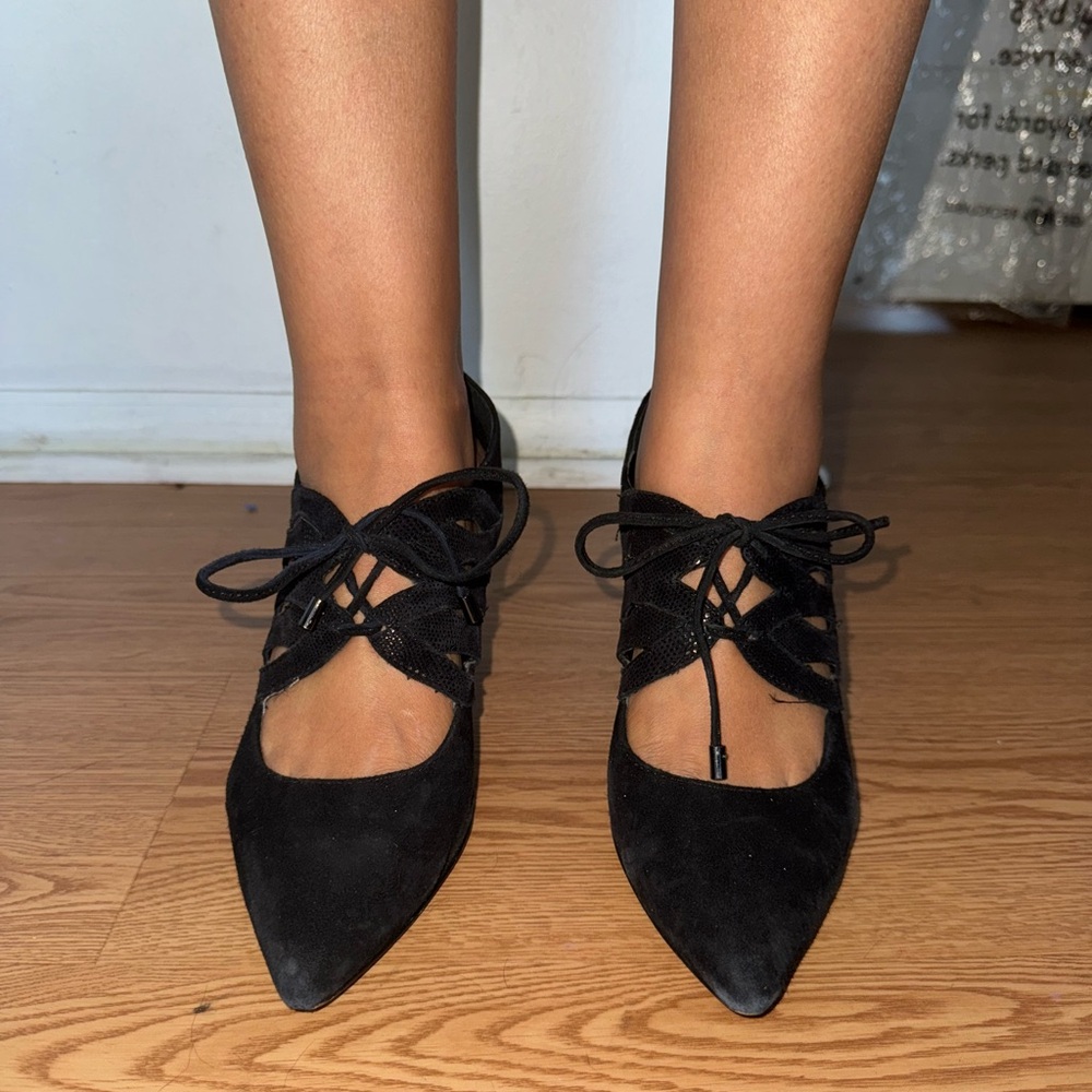 Isola Palazzo Black Suede Heels and Reptile Laced with Pointed Toe